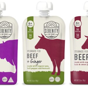 Serenity Kids Regenerative Land to Market Verified Baby Food Pouch Bundle | 6 Each of Grass Fed Bison, Beef & Ginger, and Beef (18 Count)