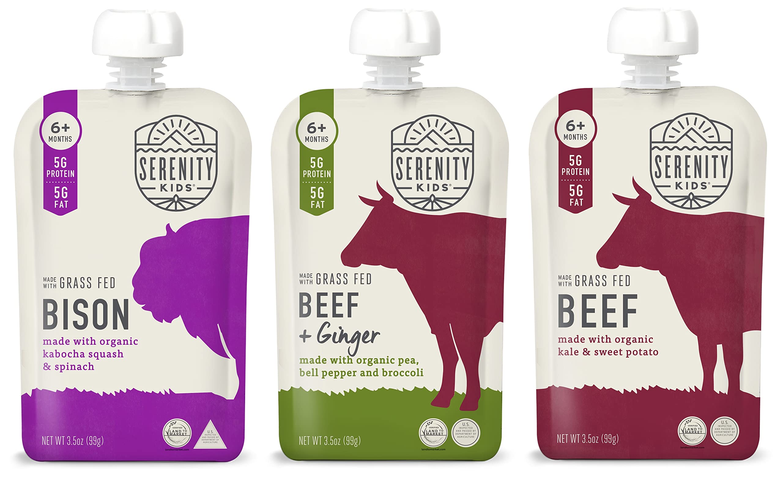 Serenity Kids Regenerative Land to Market Verified Baby Food Pouch Bundle | 6 Each of Grass Fed Bison, Beef & Ginger, and Beef (18 Count)