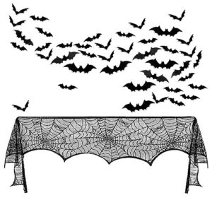 Surfapans Halloween Mantle Scarf Decor Black Lace Fireplace Mantel Cover Garland Spiderweb Scarves 60 Pcs 3D Bats Wall Stickers for Festive Party Indoor Decor 18 x 98 inch