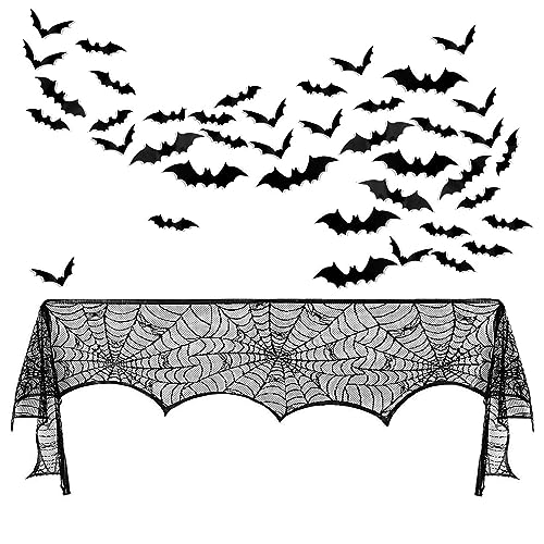 Surfapans Halloween Mantle Scarf Decor Black Lace Fireplace Mantel Cover Garland Spiderweb Scarves 60 Pcs 3D Bats Wall Stickers for Festive Party Indoor Decor 18 x 98 inch