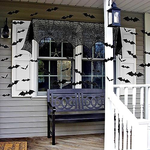 Surfapans Halloween Mantle Scarf Decor Black Lace Fireplace Mantel Cover Garland Spiderweb Scarves 60 Pcs 3D Bats Wall Stickers for Festive Party Indoor Decor 18 x 98 inch