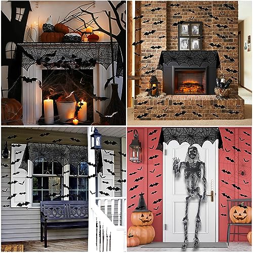 Surfapans Halloween Mantle Scarf Decor Black Lace Fireplace Mantel Cover Garland Spiderweb Scarves 60 Pcs 3D Bats Wall Stickers for Festive Party Indoor Decor 18 x 98 inch