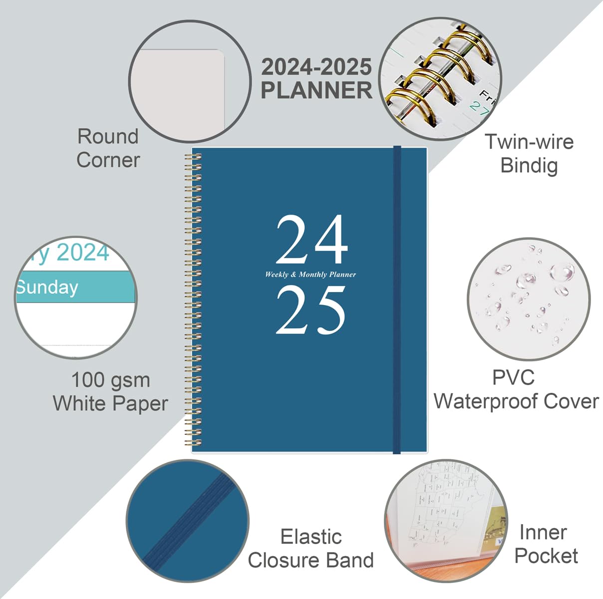 2024-2025 Planner - Weekly & Monthly Planner Spiral Bound, Planner 2024-2025 from July 2024 - June 2025 with Monthly Tabs, Inner Pocke, 8.5" x 11", Dark Blue