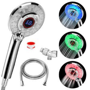 led shower head color changing, handheld shower head high pressure with hose, water saving spray showerheads, discoloration warning, water temperature display, 3 spray modes, easy to install, ‎chrome