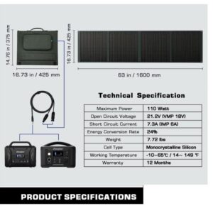 110W Portable Solar Panel for Portable Power Station & Foldable Solar Panels Cell Solar Charger Power Equipment for Outdoor Camping Fishing RV Outdoor