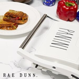 Rae Dunn Panini Maker - 750 Watt 2-Slice Press Grill with Indicator Lights | Opens 180 Degrees | Double Sided Heating | Non-stick Cooking | Cool Touch Handle | Easy to Clean, Cream