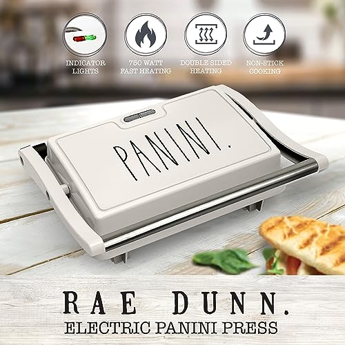 Rae Dunn Panini Maker - 750 Watt 2-Slice Press Grill with Indicator Lights | Opens 180 Degrees | Double Sided Heating | Non-stick Cooking | Cool Touch Handle | Easy to Clean, Cream