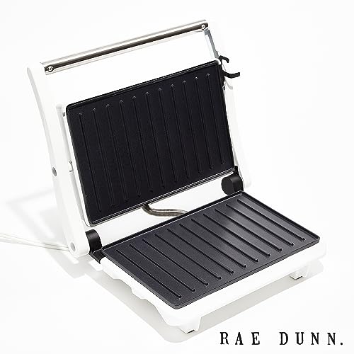 Rae Dunn Panini Maker - 750 Watt 2-Slice Press Grill with Indicator Lights | Opens 180 Degrees | Double Sided Heating | Non-stick Cooking | Cool Touch Handle | Easy to Clean, Cream