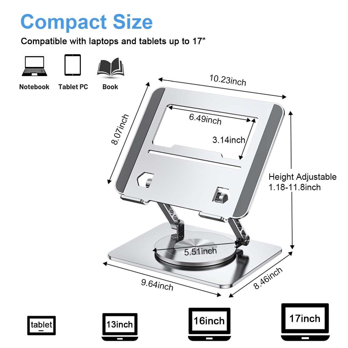 SAUNUOWL Swivel Laptop Stand Adjustable Laptop Stand for Desk Ergonomic Foldable Adjustable Laptop Stand with 360 Rotating Base,Compatible for Pro/Air Notebook Book Up to 17inch (Color : Black)