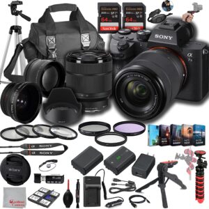 sony a7 iii mirrorless digital camera 24mp w/ 28-70mmmm lens, 128gb extreem speed memory,.43 wide & 2x lenses, case. tripod, filters, hood, grip,spare battery & charger, software kit -deluxe bundle