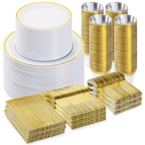 bestvip 600pcs plastic dinnerware set (100 guests), gold disposable plates for party, wedding, anniversary, includes: dinner plates, dessert plates, cups, spoons, forks and knives
