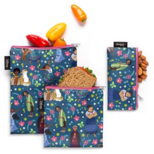 simple modern disney reusable snack bags for kids | food safe, bpa free, phthalate free, polyester zip pouches | washable & refillable sandwich bag | ellie collection | 3 pack | encanto