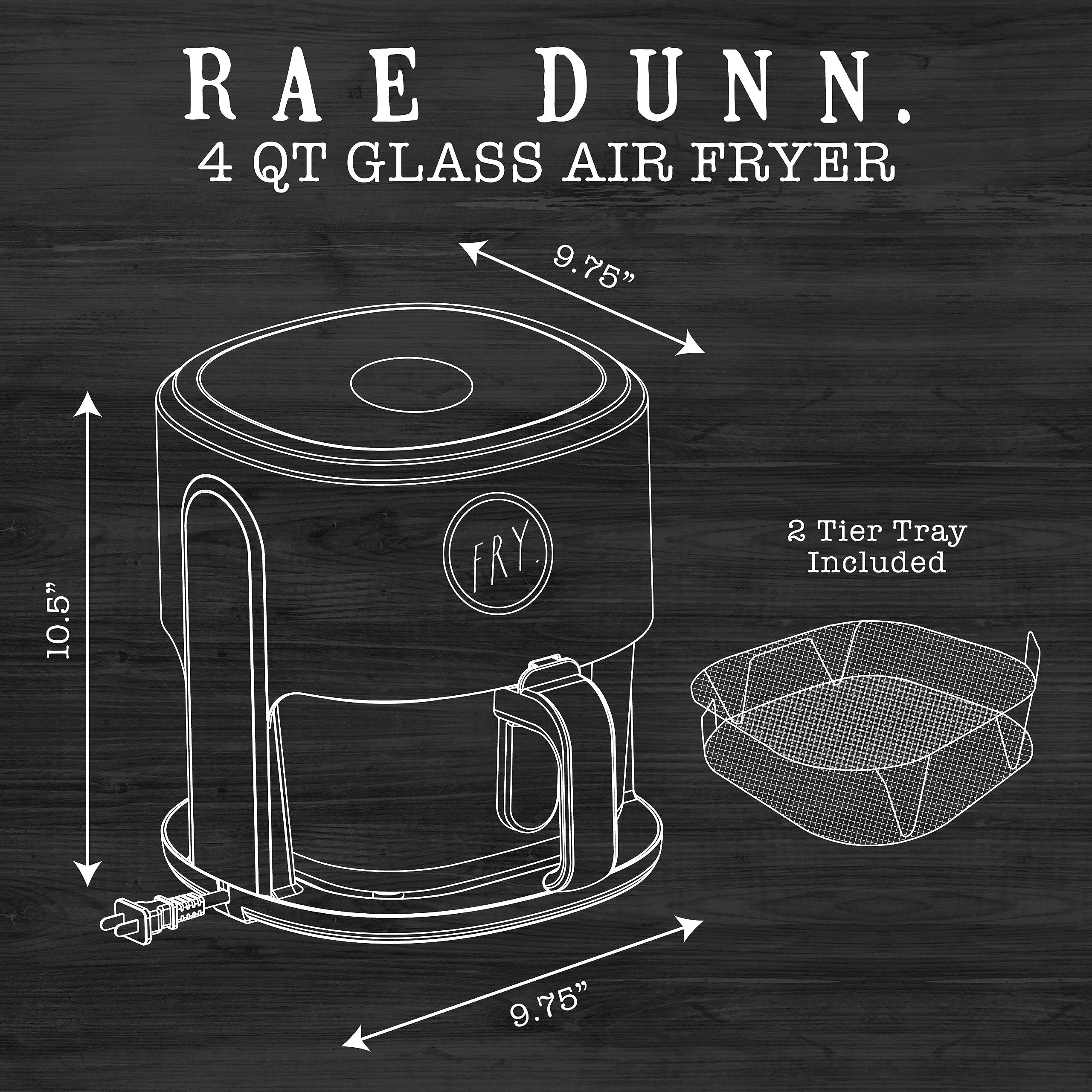 Rae Dunn 1200W 4Qt Air Fryer with GLASS Frying Basket, Dishwasher Safe, 2 Tier Tray, 60 Minute Timer, Digital Touch Display, and 6 Presets - Variable Temperature Control 175F - 400F, Grey