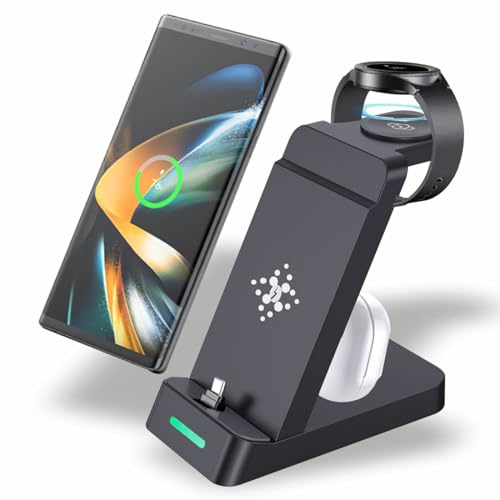 3 in 1 Charging Station for Samsung Multiple Devices, Fast Wireless Charging Dock Stand for Android Sumsung Galaxy Z Flip 4/3 Z Fold S23 S22 S20 Ultra Galaxy Watch 5/4/3 Galaxy Buds