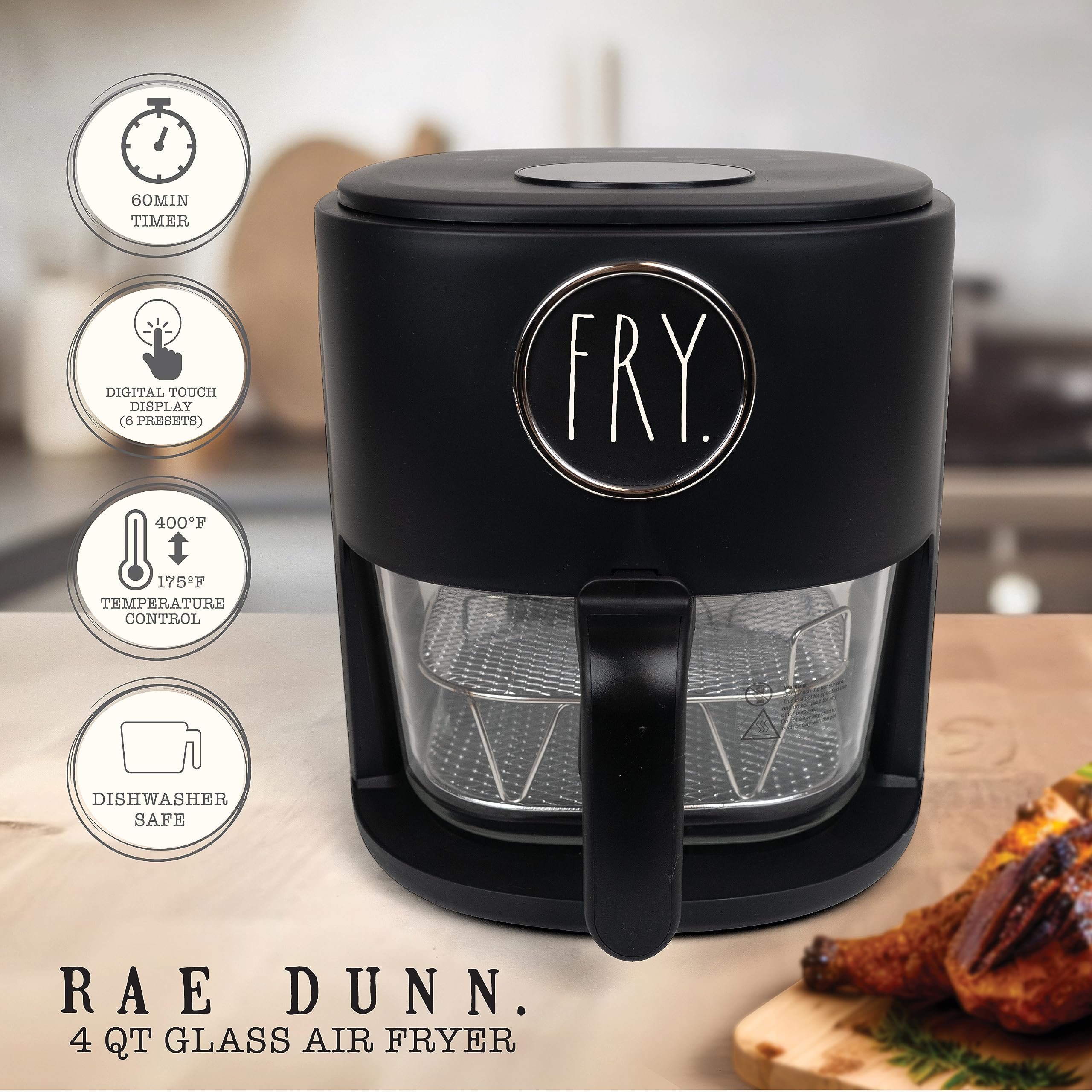 Rae Dunn 1200W 4Qt Air Fryer with GLASS Frying Basket, Dishwasher Safe, 2 Tier Tray, 60 Minute Timer, Digital Touch Display, and 6 Presets - Variable Temperature Control 175F - 400F, Grey