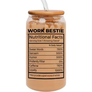 work bestie nutritional facts glass can with lids and straw- work bestie definition friendship, funny gift for friend, colleagues, thank you gift for coworkers, birthday christmas gifts, iced cup 16oz