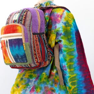 Unique design Himalaya Hemp Tie Dye Hippie Backpack Festival Backpack Hiking Backpack FAIR TRADE Handmade with Love. (PURPLE)