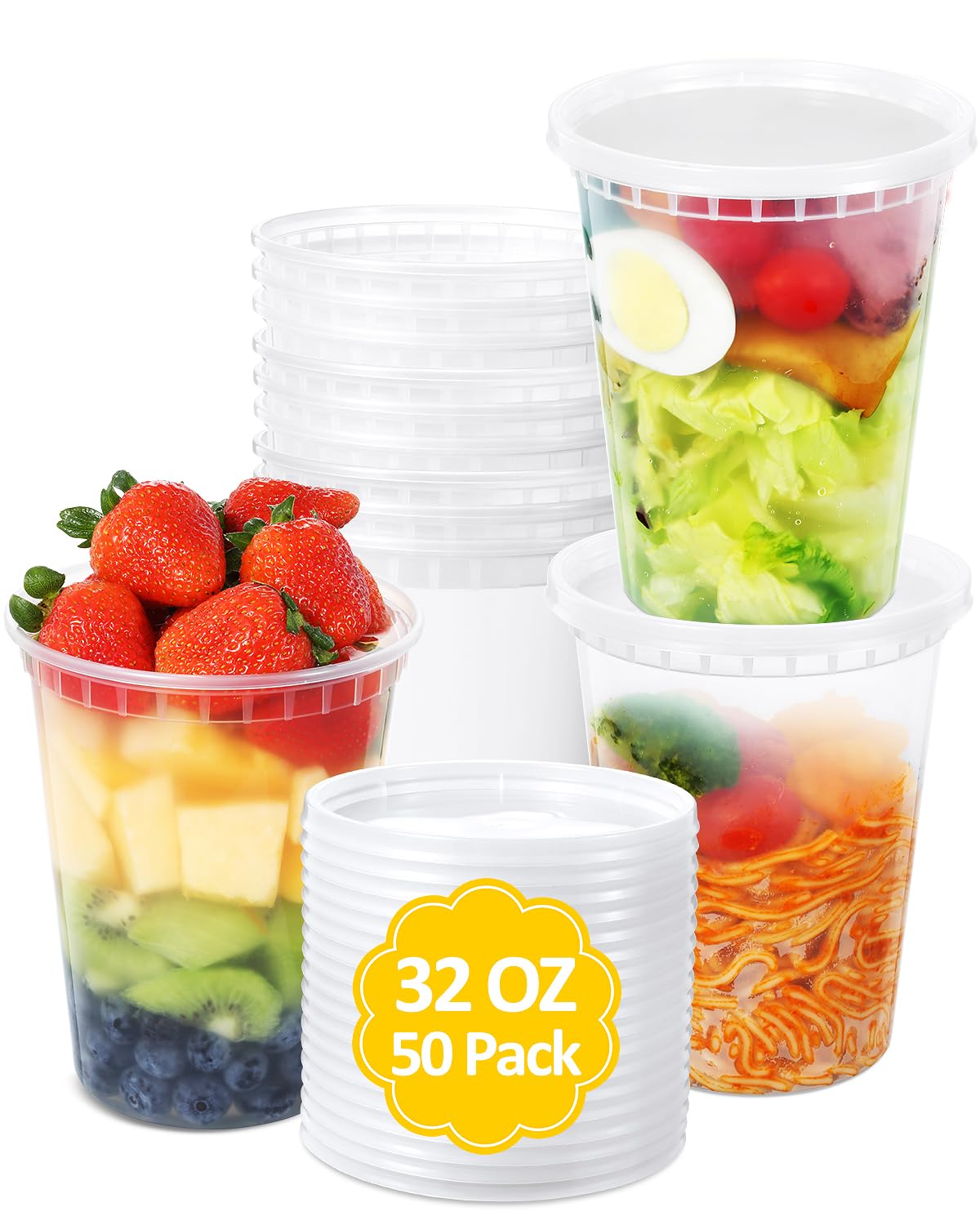 SHOPDAY Deli-Containers-with-Lids-32 Oz [50 Sets] - Plastic-Food-Storage-Containers-with-Airtight-Lids, Freezer-Containers-for-Meal-Prep, BPA-Free-Soup-Containers-for-Overnight Oats, To-Go-Containers