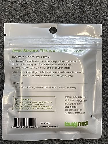 BugMD No Buzz Zone Refiller Pad (6 Refills) - Extra-Strong Adhesive Traps, Indoor Insect Trap Refill, No Harsh Chemicals, Household Friendly, Fly Trap Refill, Flea Trap Refills, Bug Trapper