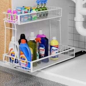 lxmons 2-tier under sink slide out organizer, pull out cabinet storage shelf with sliding storage wire basket drawer for bathroom kitchen, countertop or pantry storage shelf, white