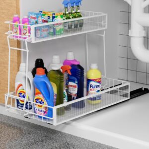 Lxmons 2-Tier Under Sink Slide Out Organizer, Pull Out Cabinet Storage Shelf with Sliding Storage Wire Basket Drawer for Bathroom Kitchen, Countertop or Pantry Storage Shelf, White