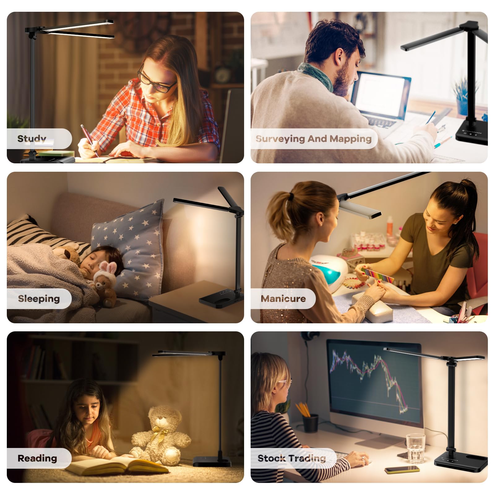 RealPlus Desk Lamp with USB Charging Port & 【Adapter】, 17IN Tall LED Desk Lamps for Home Office, 10W Double Head Desk Lamp with Pen Holder, Memory Function/10 Brightness/5 Colors/Reading Mode/Timer