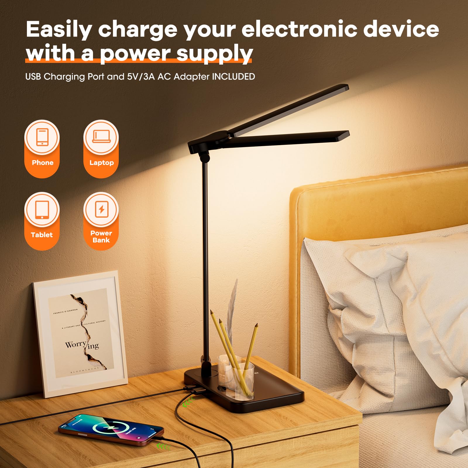 RealPlus Desk Lamp with USB Charging Port & 【Adapter】, 17IN Tall LED Desk Lamps for Home Office, 10W Double Head Desk Lamp with Pen Holder, Memory Function/10 Brightness/5 Colors/Reading Mode/Timer