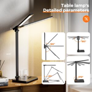 RealPlus Desk Lamp with USB Charging Port & 【Adapter】, 17IN Tall LED Desk Lamps for Home Office, 10W Double Head Desk Lamp with Pen Holder, Memory Function/10 Brightness/5 Colors/Reading Mode/Timer