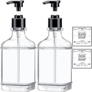 clear soap dispenser with pump, waterproof labels (2 pack,18 oz), plastic hand soap dispenser, dish soap dispenser for kitchen and bathroom, soap dispenser bathroom bottle