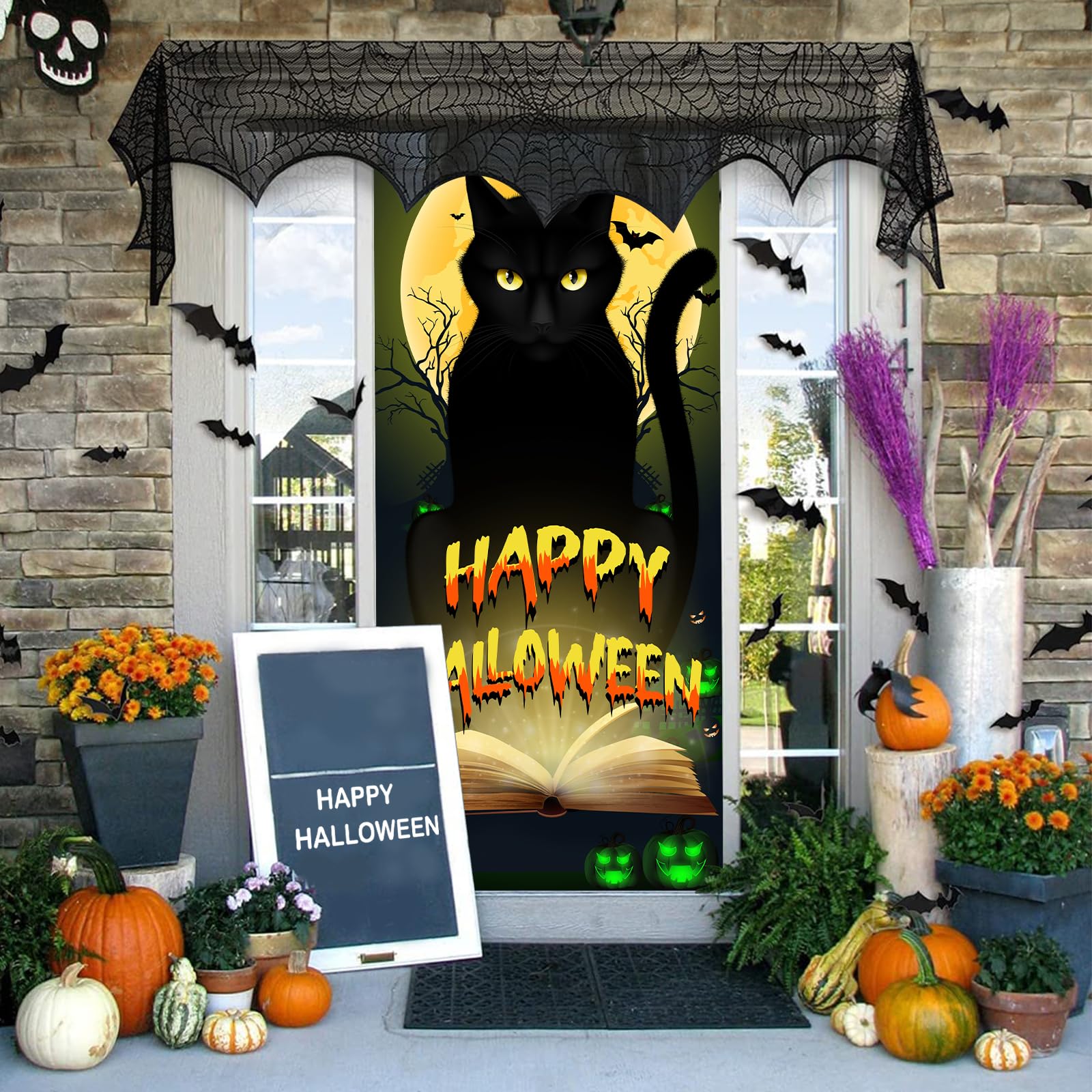 Halloween Black Cat Door Banner, Scary Cat Halloween Door Cover Halloween Door Decorations Trick or Treat Halloween Party Banner for Front Door Porch Halloween Party Supplies Horror Decor Backdrop