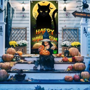 Halloween Black Cat Door Banner, Scary Cat Halloween Door Cover Halloween Door Decorations Trick or Treat Halloween Party Banner for Front Door Porch Halloween Party Supplies Horror Decor Backdrop