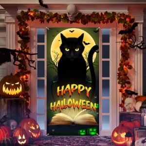 Halloween Black Cat Door Banner, Scary Cat Halloween Door Cover Halloween Door Decorations Trick or Treat Halloween Party Banner for Front Door Porch Halloween Party Supplies Horror Decor Backdrop