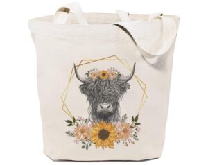 gxvuis highland cow canvas tote bag for women aesthetic floral reusable grocery shoulder shopping bags gifts for girls white