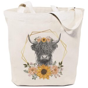 GXVUIS Highland Cow Canvas Tote Bag for Women Aesthetic Floral Reusable Grocery Shoulder Shopping Bags Gifts for Girls White