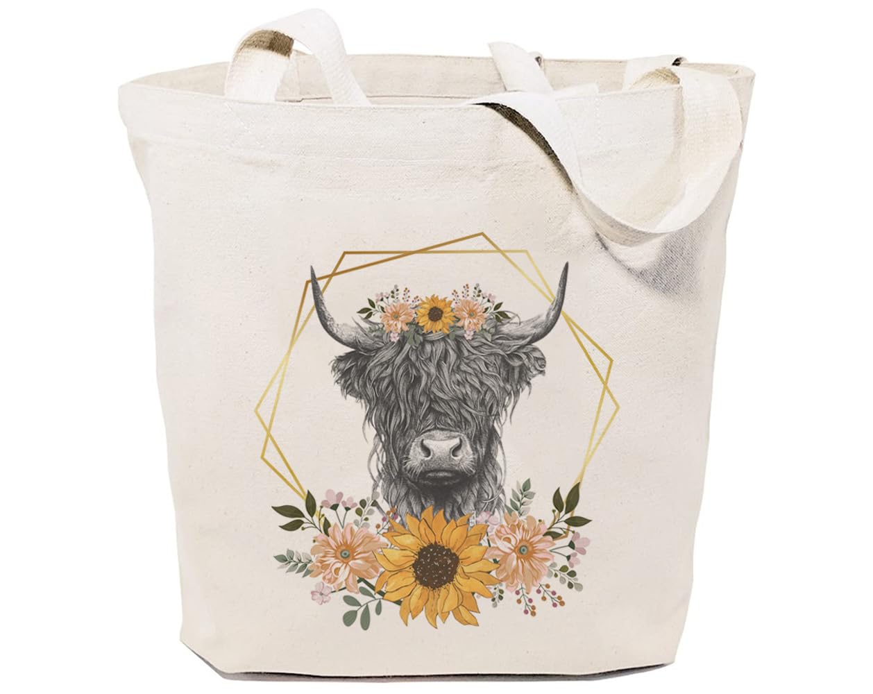 GXVUIS Highland Cow Canvas Tote Bag for Women Aesthetic Floral Reusable Grocery Shoulder Shopping Bags Gifts for Girls White