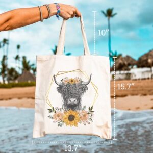 GXVUIS Highland Cow Canvas Tote Bag for Women Aesthetic Floral Reusable Grocery Shoulder Shopping Bags Gifts for Girls White