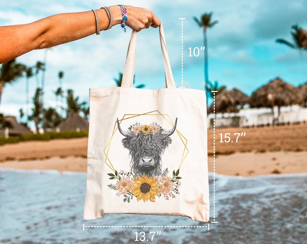 GXVUIS Highland Cow Canvas Tote Bag for Women Aesthetic Floral Reusable Grocery Shoulder Shopping Bags Gifts for Girls White