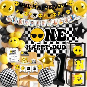 one happy dude 1st birthday party decorations party supplies first birthday party decoration for boy black and yellow theme backdrop balloon high chair banner balloon boxes crown poster (selection-d)