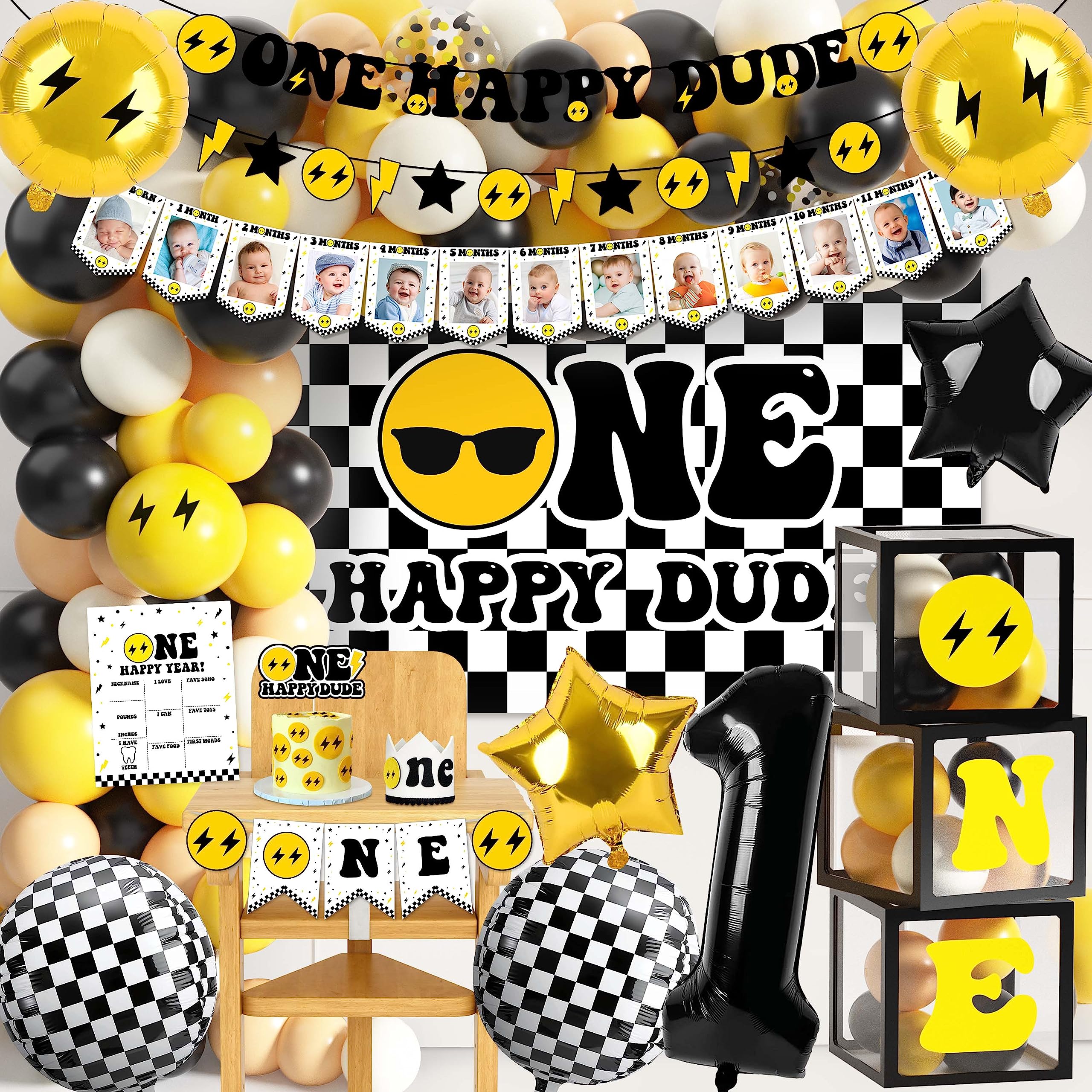 One Happy Dude 1st Birthday Party Decorations Party Supplies First Birthday Party Decoration for Boy Black and Yellow Theme Backdrop Balloon High Chair Banner Balloon Boxes Crown Poster (Selection-D)