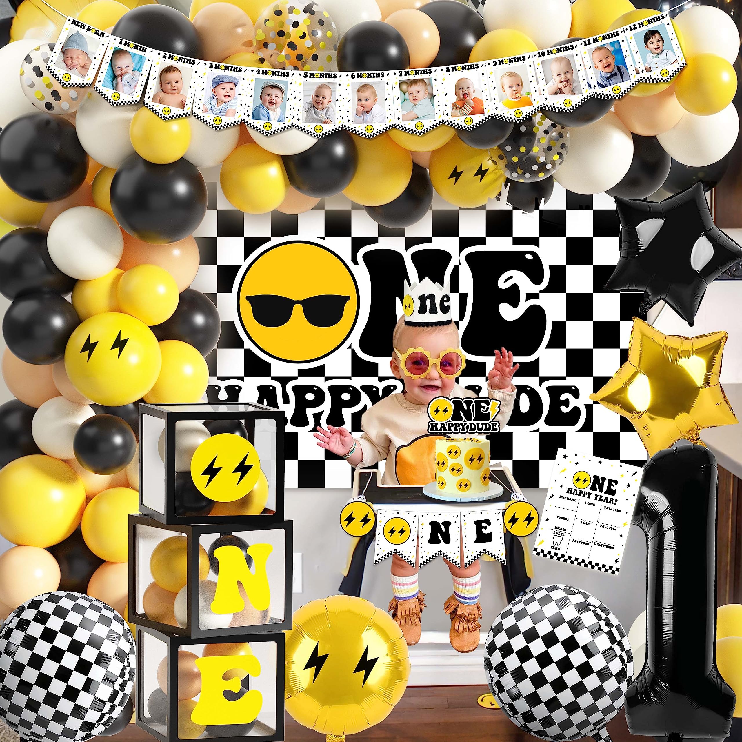 One Happy Dude 1st Birthday Party Decorations Party Supplies First Birthday Party Decoration for Boy Black and Yellow Theme Backdrop Balloon High Chair Banner Balloon Boxes Crown Poster (Selection-D)