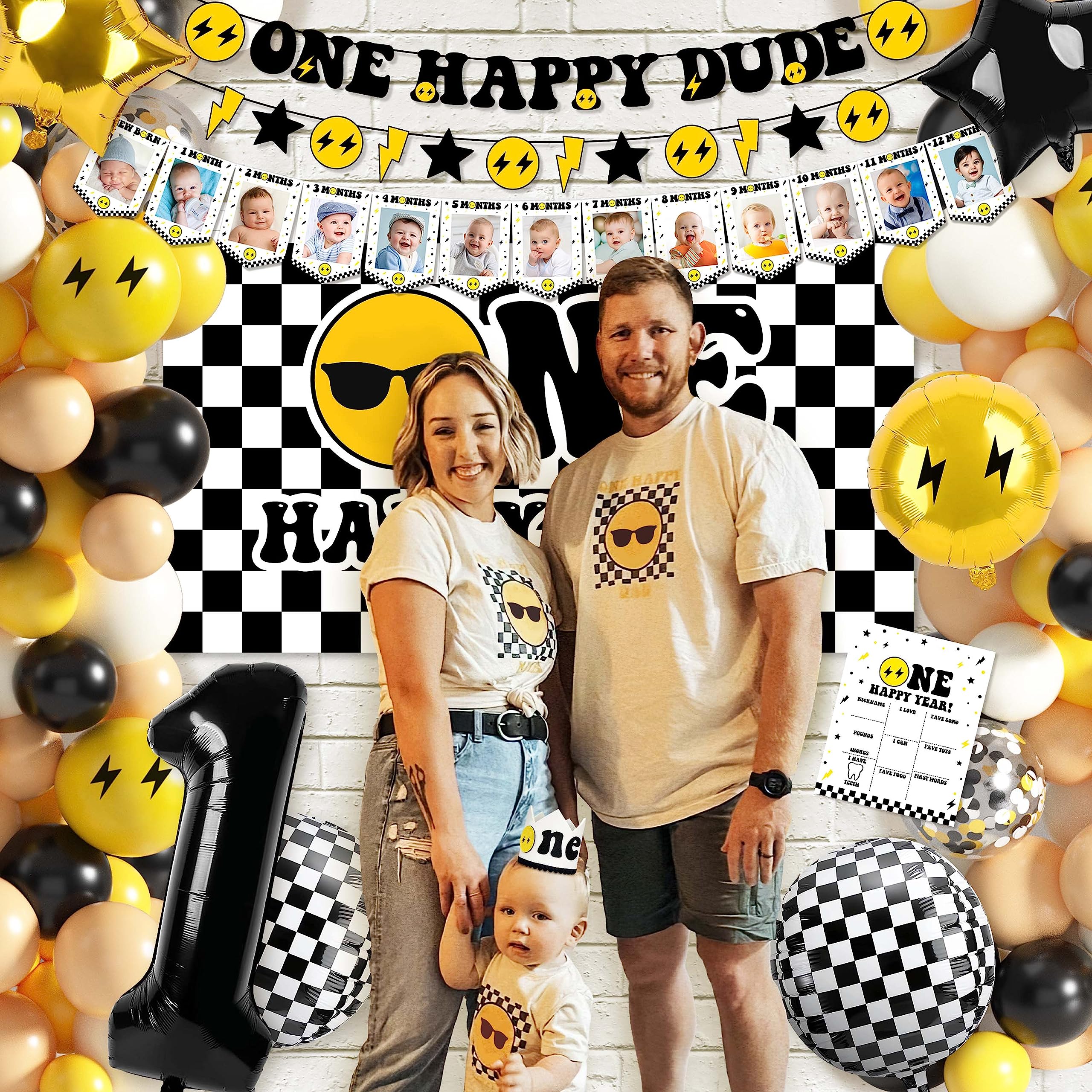 One Happy Dude 1st Birthday Party Decorations Party Supplies First Birthday Party Decoration for Boy Black and Yellow Theme Backdrop Balloon High Chair Banner Balloon Boxes Crown Poster (Selection-D)