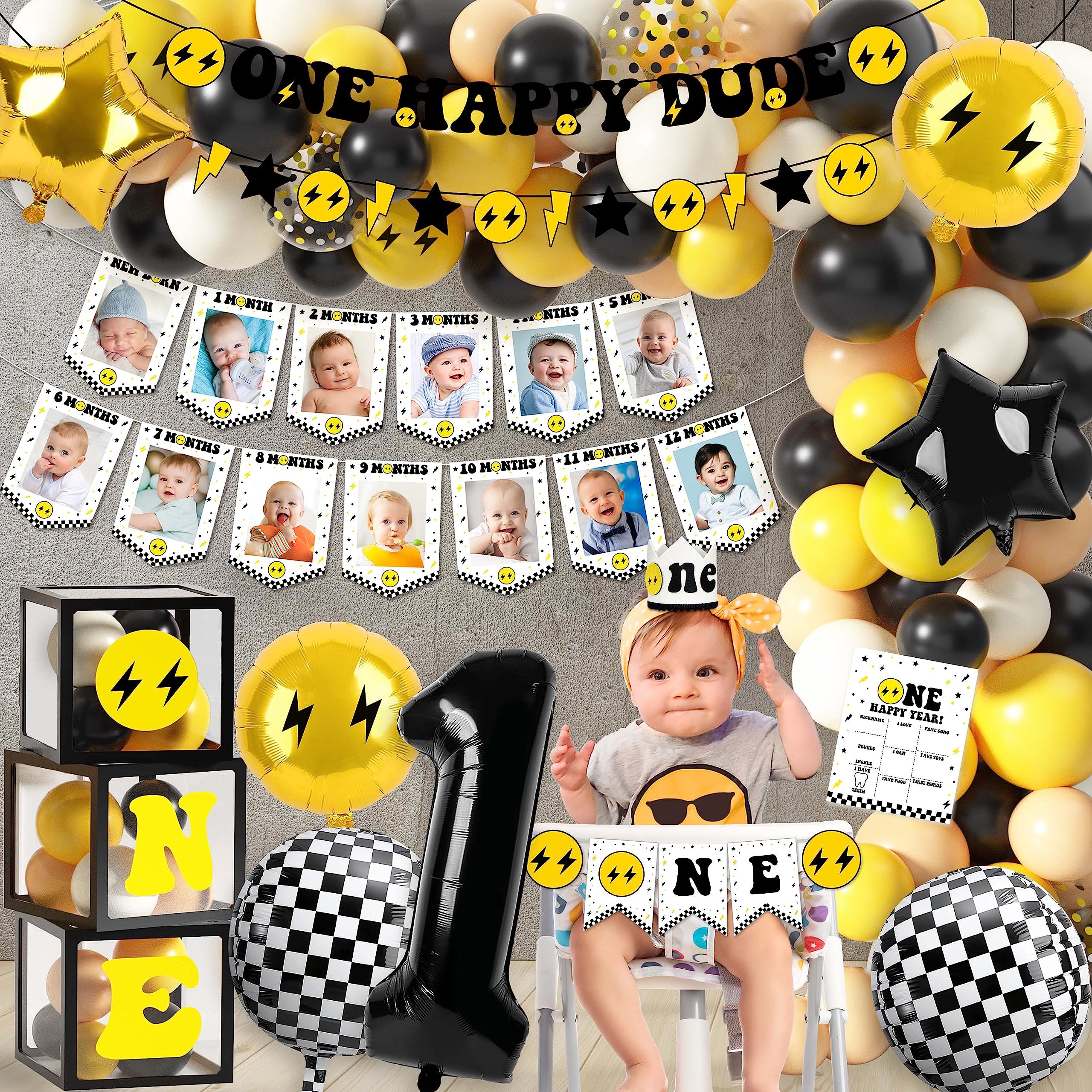 One Happy Dude 1st Birthday Party Decorations Party Supplies First Birthday Party Decoration for Boy Black and Yellow Theme Backdrop Balloon High Chair Banner Balloon Boxes Crown Poster (Selection-D)