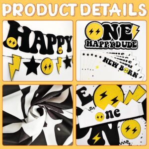 One Happy Dude 1st Birthday Party Decorations Party Supplies First Birthday Party Decoration for Boy Black and Yellow Theme Backdrop Balloon High Chair Banner Balloon Boxes Crown Poster (Selection-D)