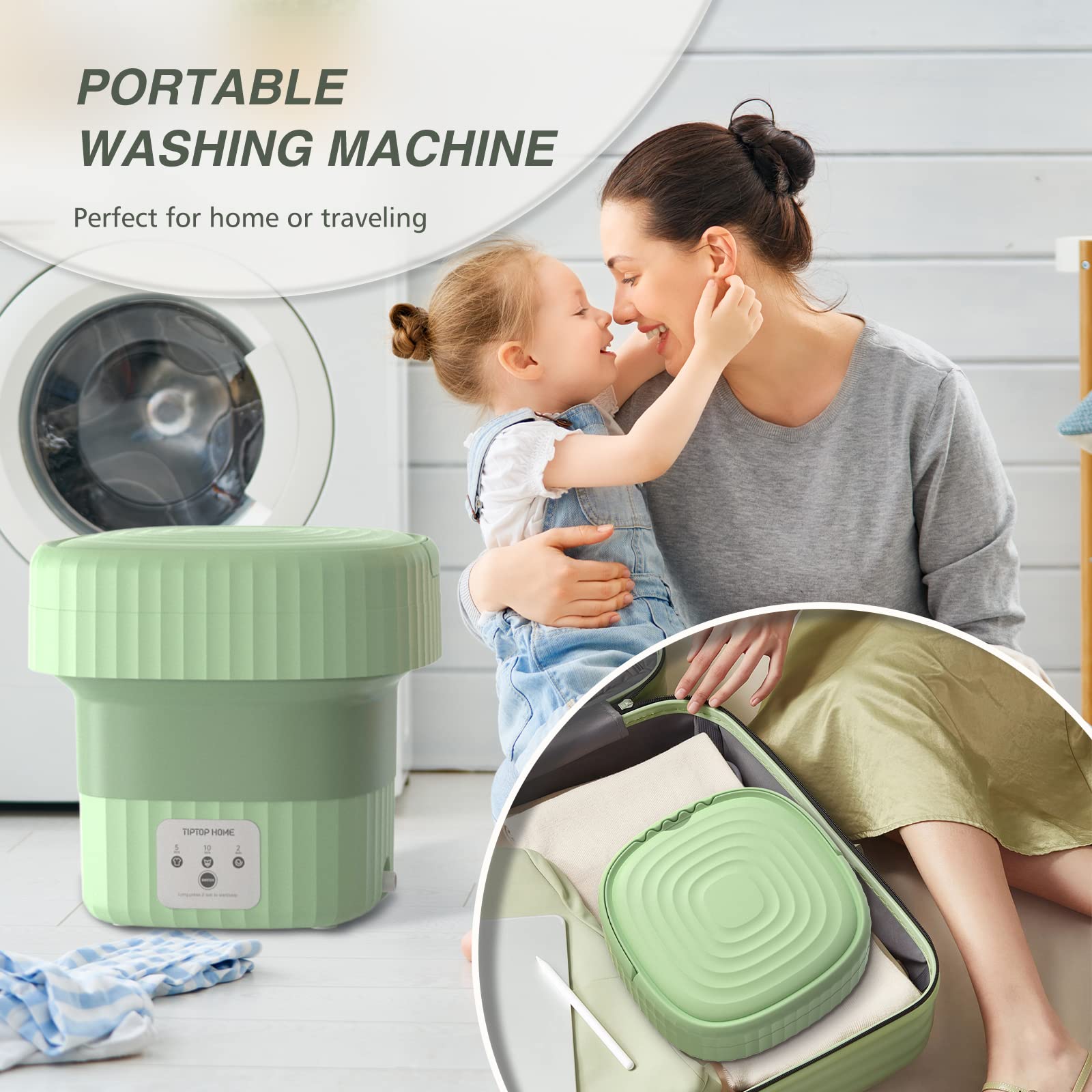 Bubbacare Portable Washing Machine, Mini Machine Ultrasonic Turbine Wash, Washer for Underwear, Sock, Baby Clothes, Travel, Camping, Dorm, RV, Home Foldable Small Laundry Green, JYJQ-26026 (MG)