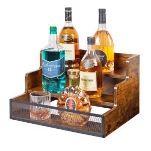 3 Step Countertop Liquor Bottle Display Shelf, Wood Bar Shelves 12 Bottles with Fences, Freestanding Storage Shelves for Liquor Whiskey Wine Coffee Syrup Display, Retro Wine Rack Home (Patent Pending)