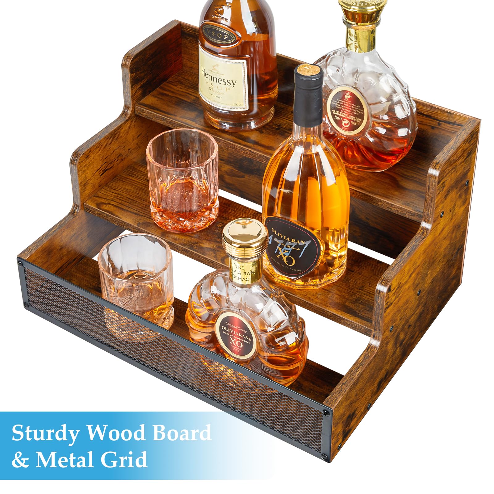 3 Step Countertop Liquor Bottle Display Shelf, Wood Bar Shelves 12 Bottles with Fences, Freestanding Storage Shelves for Liquor Whiskey Wine Coffee Syrup Display, Retro Wine Rack Home (Patent Pending)