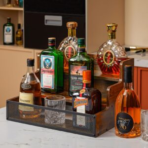 3 Step Countertop Liquor Bottle Display Shelf, Wood Bar Shelves 12 Bottles with Fences, Freestanding Storage Shelves for Liquor Whiskey Wine Coffee Syrup Display, Retro Wine Rack Home (Patent Pending)