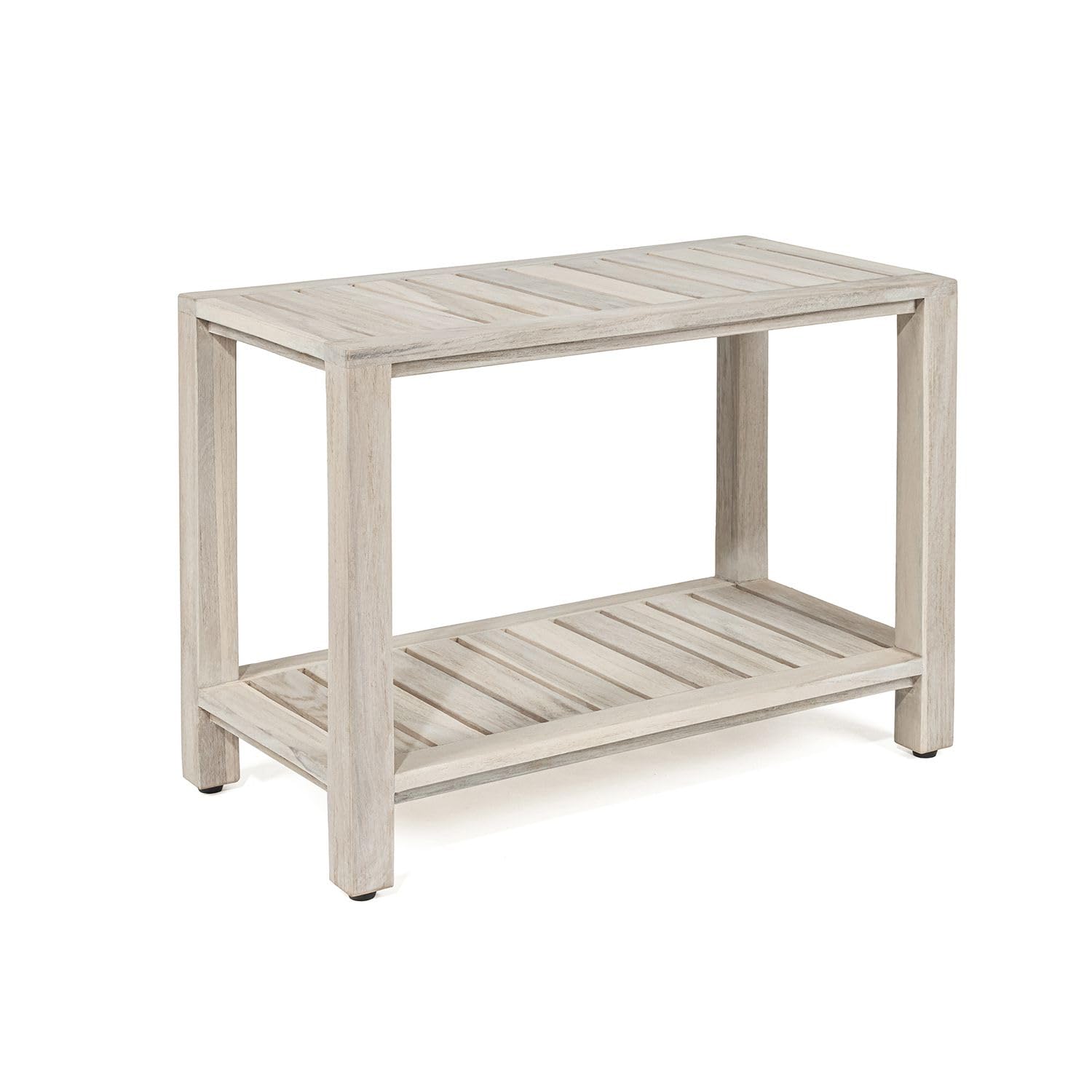 TeakCraft Gray Teak Shower Bench with Shelf 24 Inch for Bathroom, Spa - Fully Assembled, Shower Stool, Rustic Gray Finish, The Luni