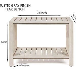 TeakCraft Gray Teak Shower Bench with Shelf 24 Inch for Bathroom, Spa - Fully Assembled, Shower Stool, Rustic Gray Finish, The Luni