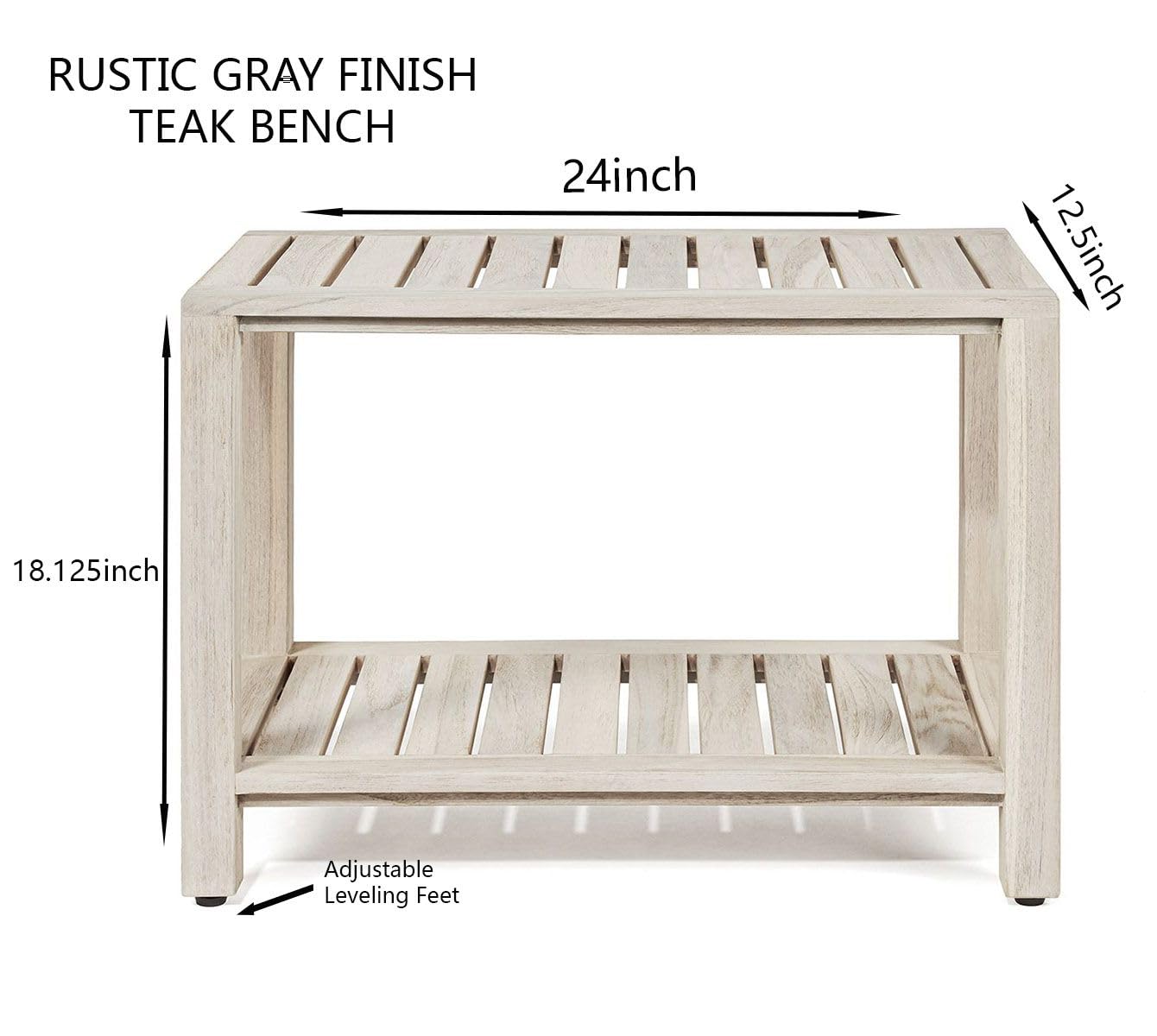 TeakCraft Gray Teak Shower Bench with Shelf 24 Inch for Bathroom, Spa - Fully Assembled, Shower Stool, Rustic Gray Finish, The Luni